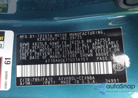 2026 Toyota Camry Le from USA, damaged, VIN 4T1DAACK1TU214151